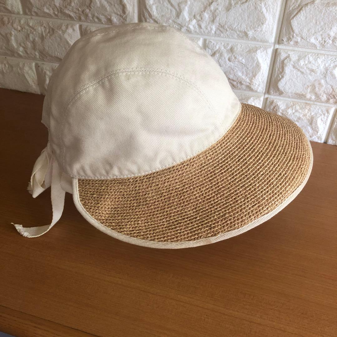 リボン付きつば広帽子 ホワイトベージュ