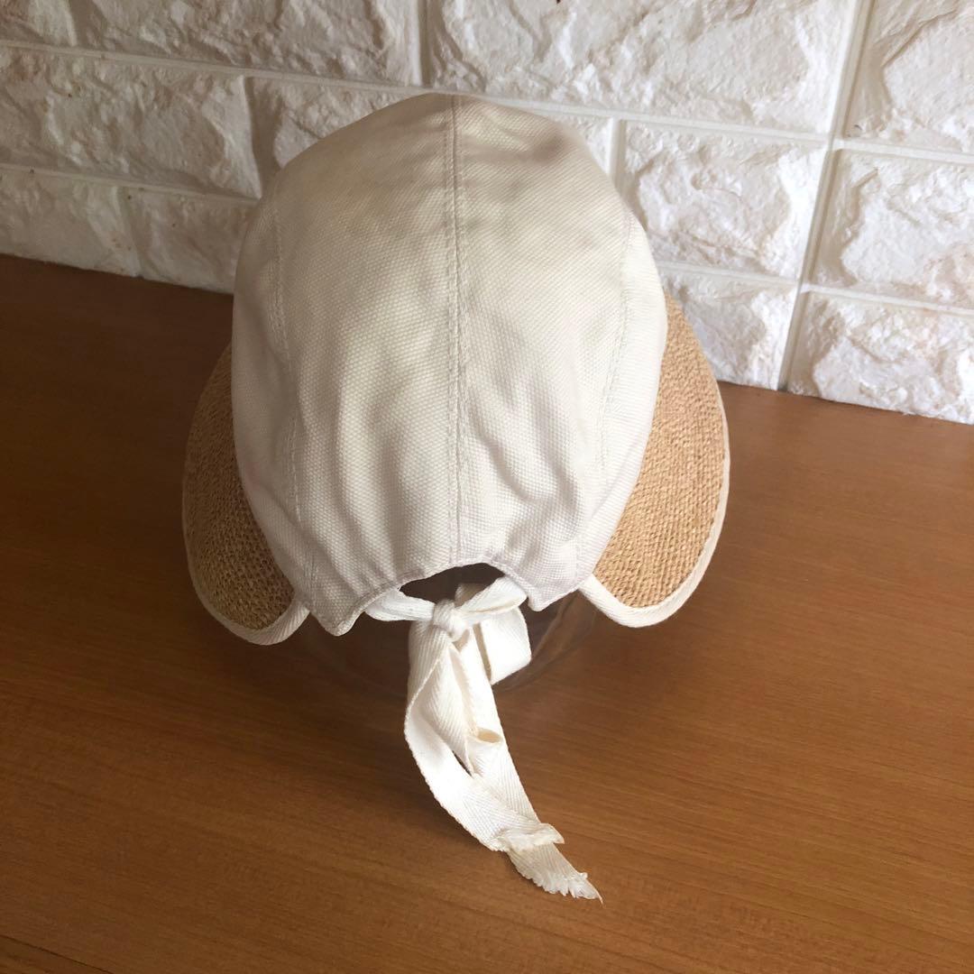 リボン付きつば広帽子 ホワイトベージュ