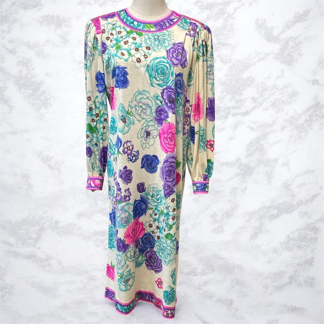 LEONARD 花柄 ウールシルクワンピース ベルト付 M ギャザースリーブ