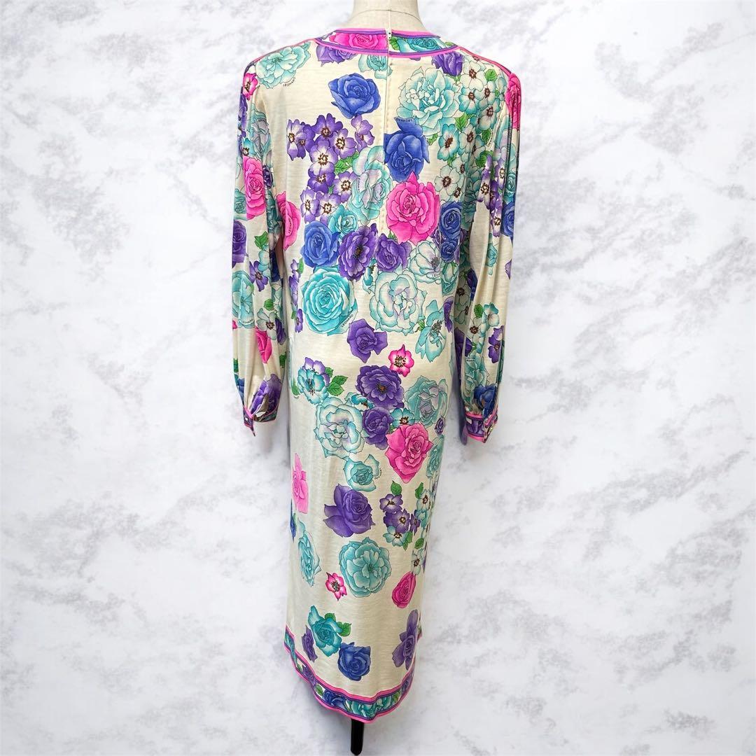 LEONARD 花柄 ウールシルクワンピース ベルト付 M ギャザースリーブ