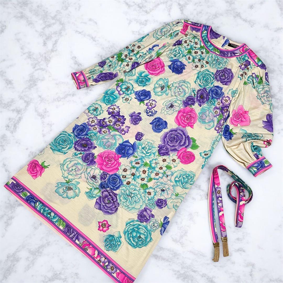 LEONARD 花柄 ウールシルクワンピース ベルト付 M ギャザースリーブ