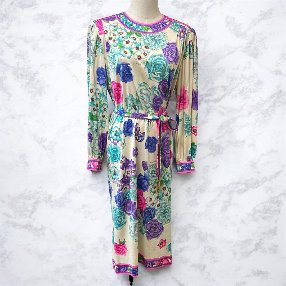 LEONARD 花柄 ウールシルクワンピース ベルト付 M ギャザースリーブ