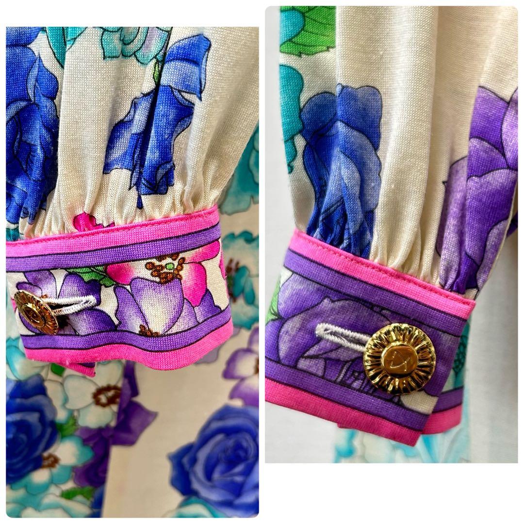 LEONARD 花柄 ウールシルクワンピース ベルト付 M ギャザースリーブ