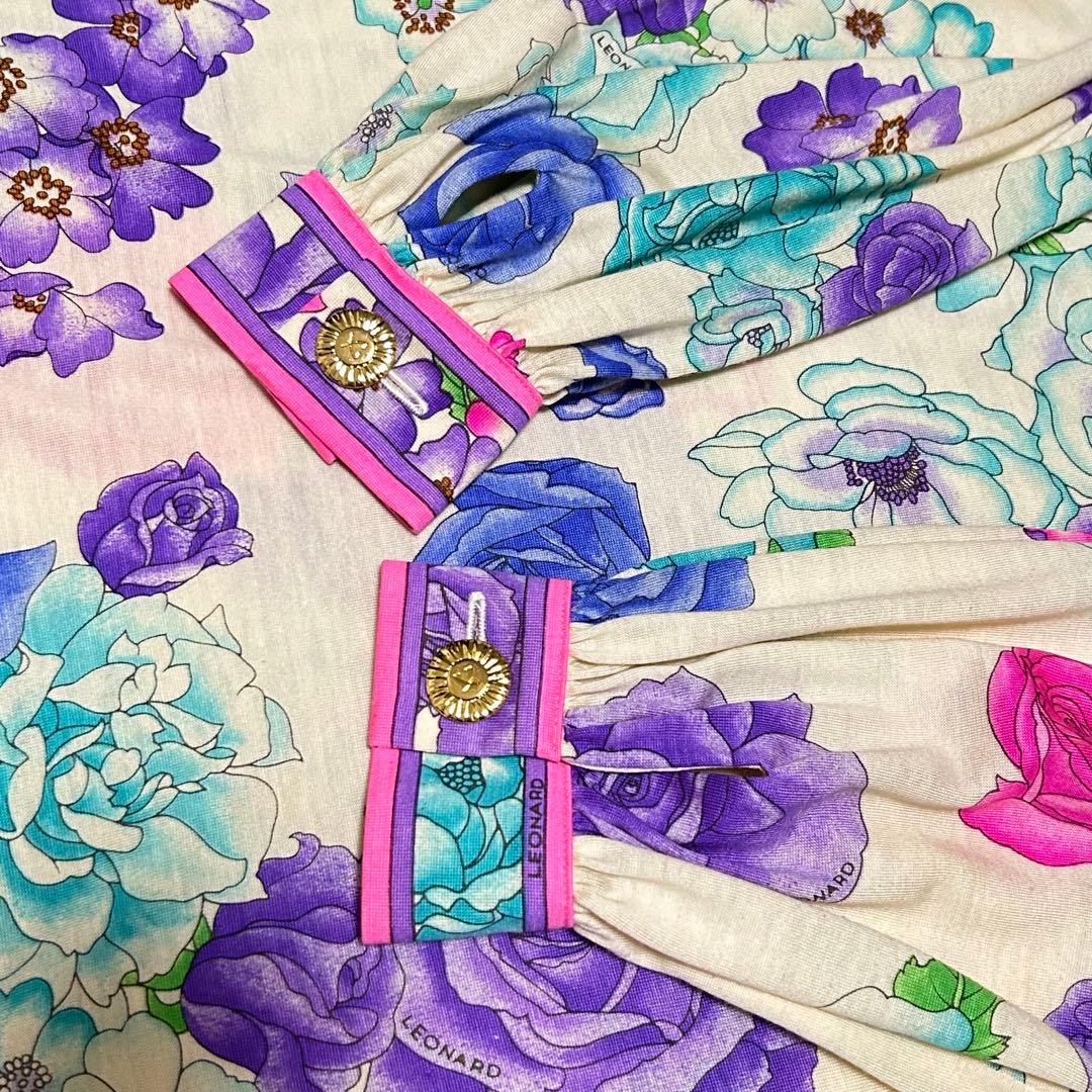 LEONARD 花柄 ウールシルクワンピース ベルト付 M ギャザースリーブ