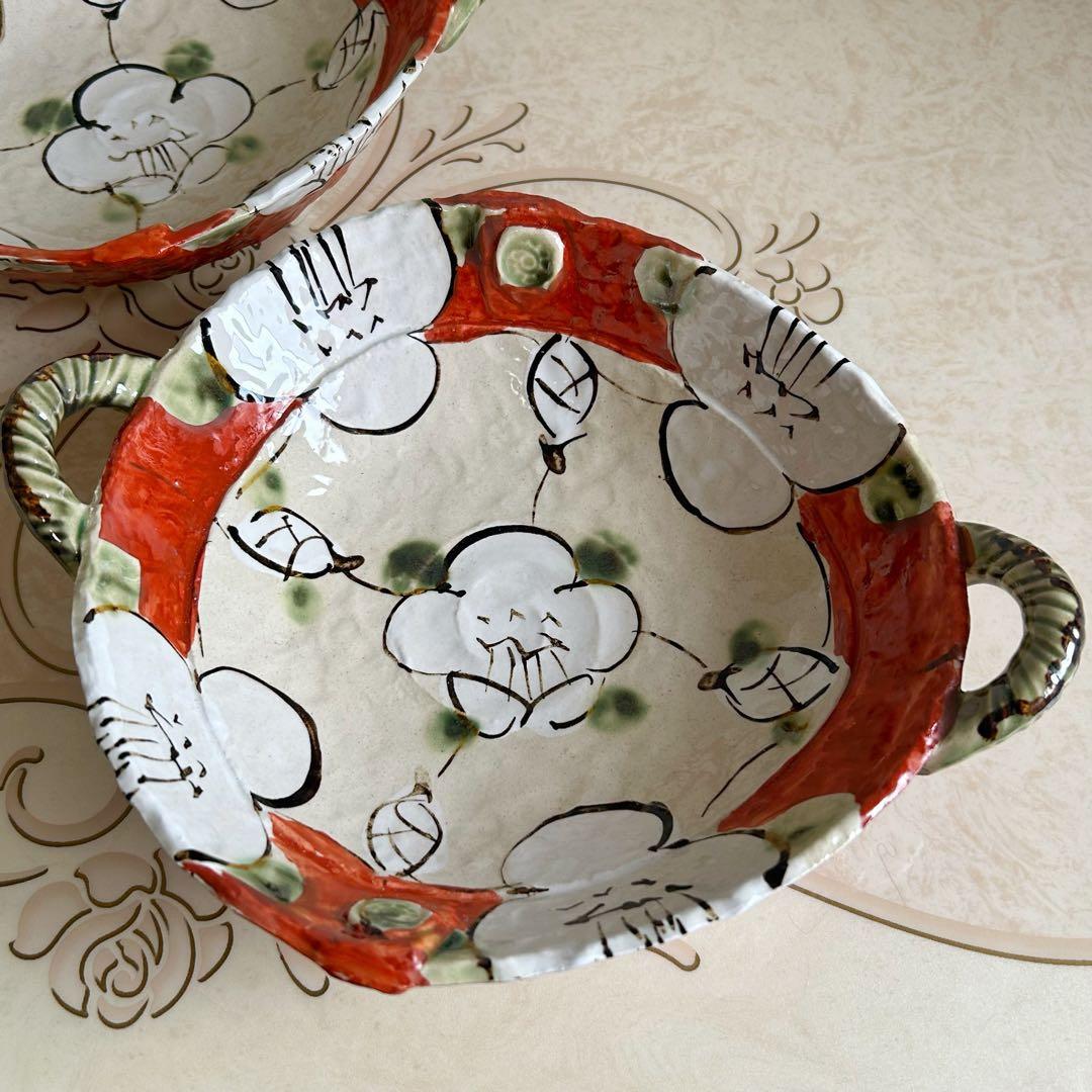 美濃焼　翔武窯　赤絵　椿　織部　手付　深皿　2枚セット　盛皿　大皿　深鉢　土物