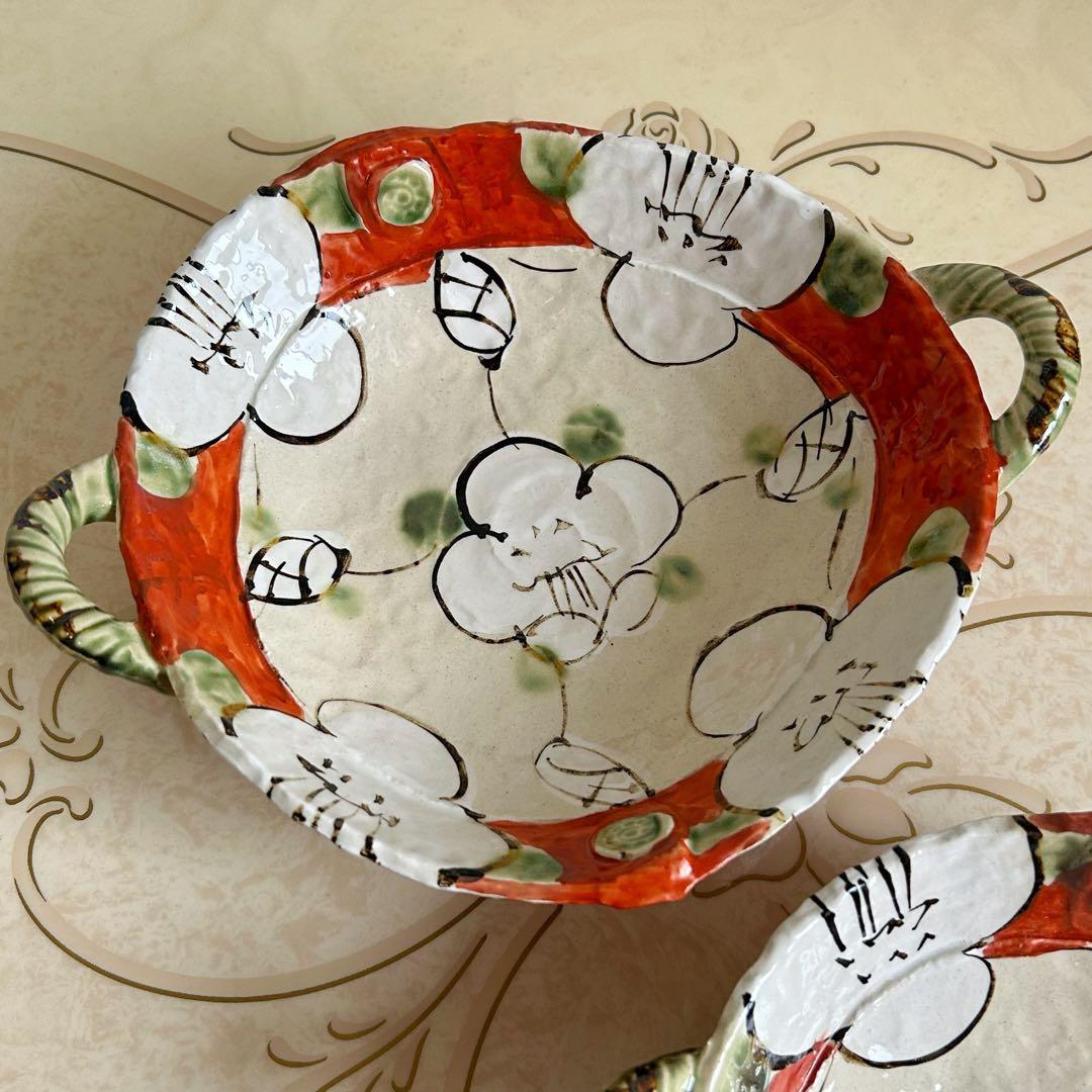 美濃焼　翔武窯　赤絵　椿　織部　手付　深皿　2枚セット　盛皿　大皿　深鉢　土物