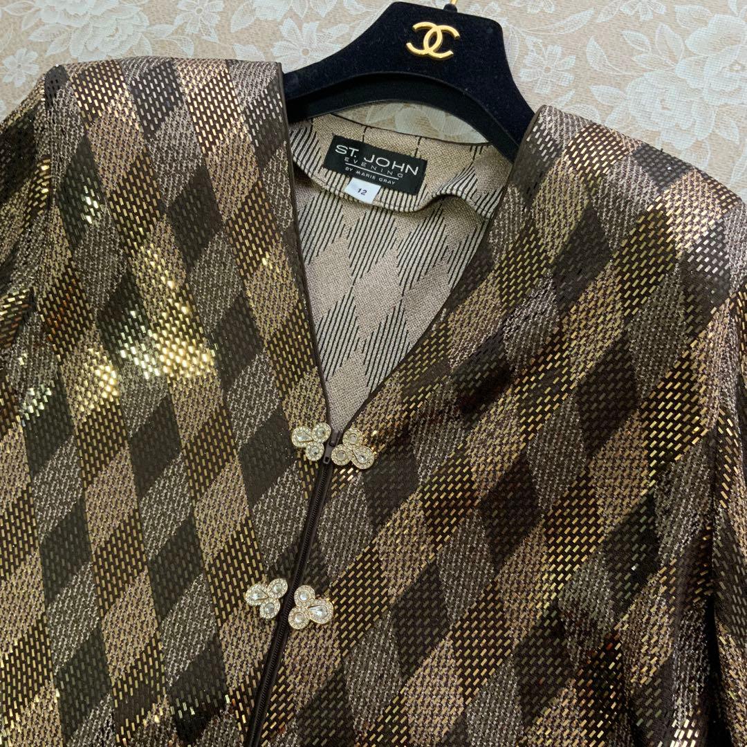 美品セントジョンST.JOHN　ラメフィルムジップアップジャケットサイズ12茶系