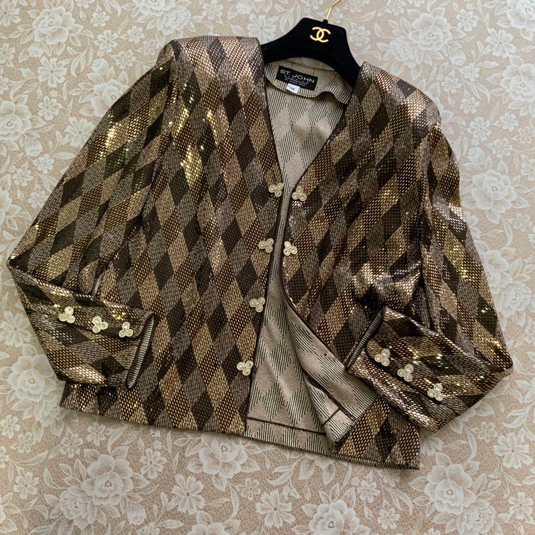 美品セントジョンST.JOHN　ラメフィルムジップアップジャケットサイズ12茶系