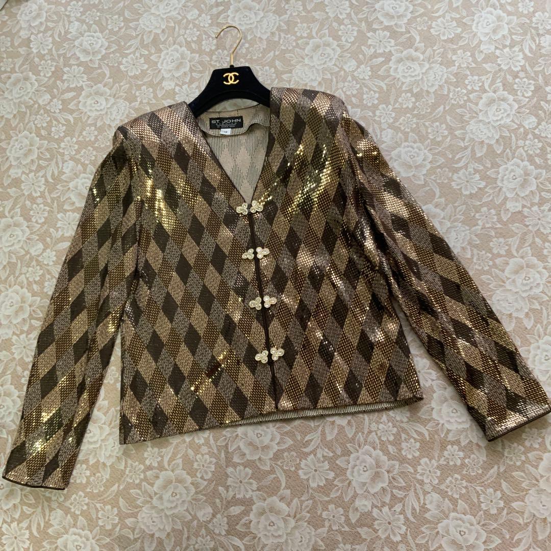 美品セントジョンST.JOHN　ラメフィルムジップアップジャケットサイズ12茶系