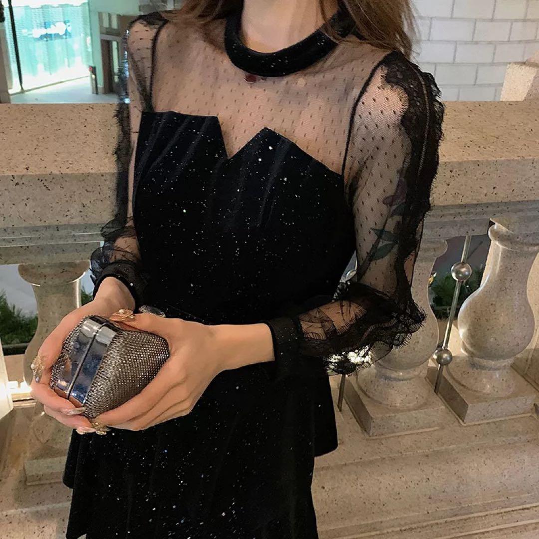 ベロア ロングワンピース 長袖 シースルー 結婚式 パーティードレス お呼ばれ