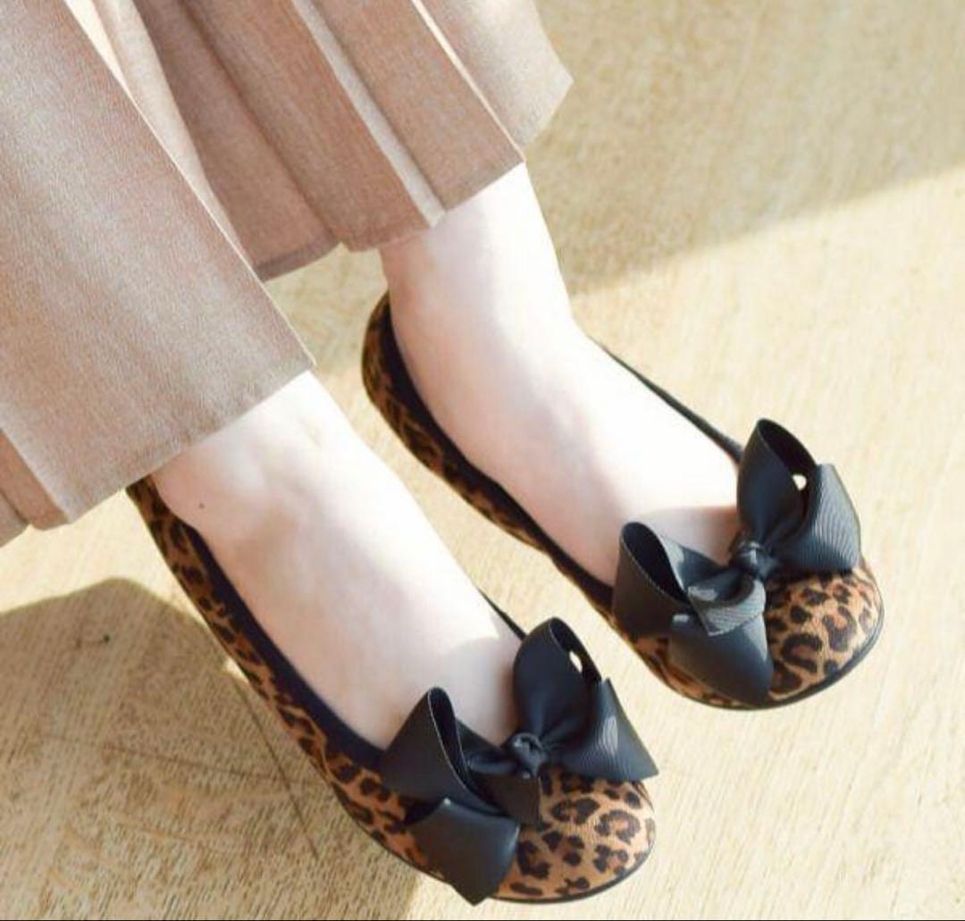 Ray BEAMS リボン バレエシューズ レオパード　24.0
