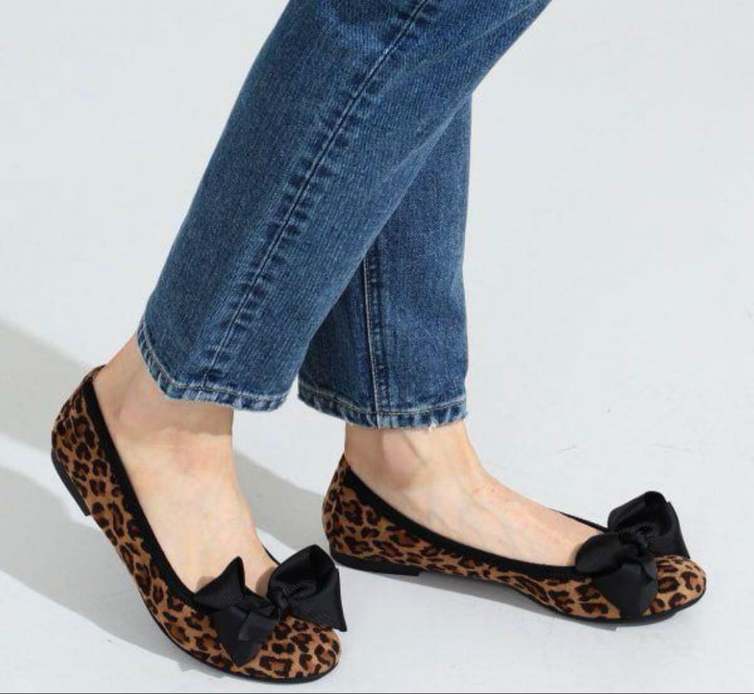 Ray BEAMS リボン バレエシューズ レオパード　24.0