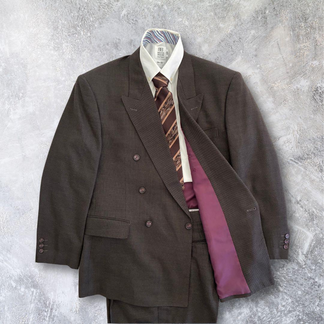 スーツセットアップ ダブルブレスト 3B ダークブラウン ウール混 成人式