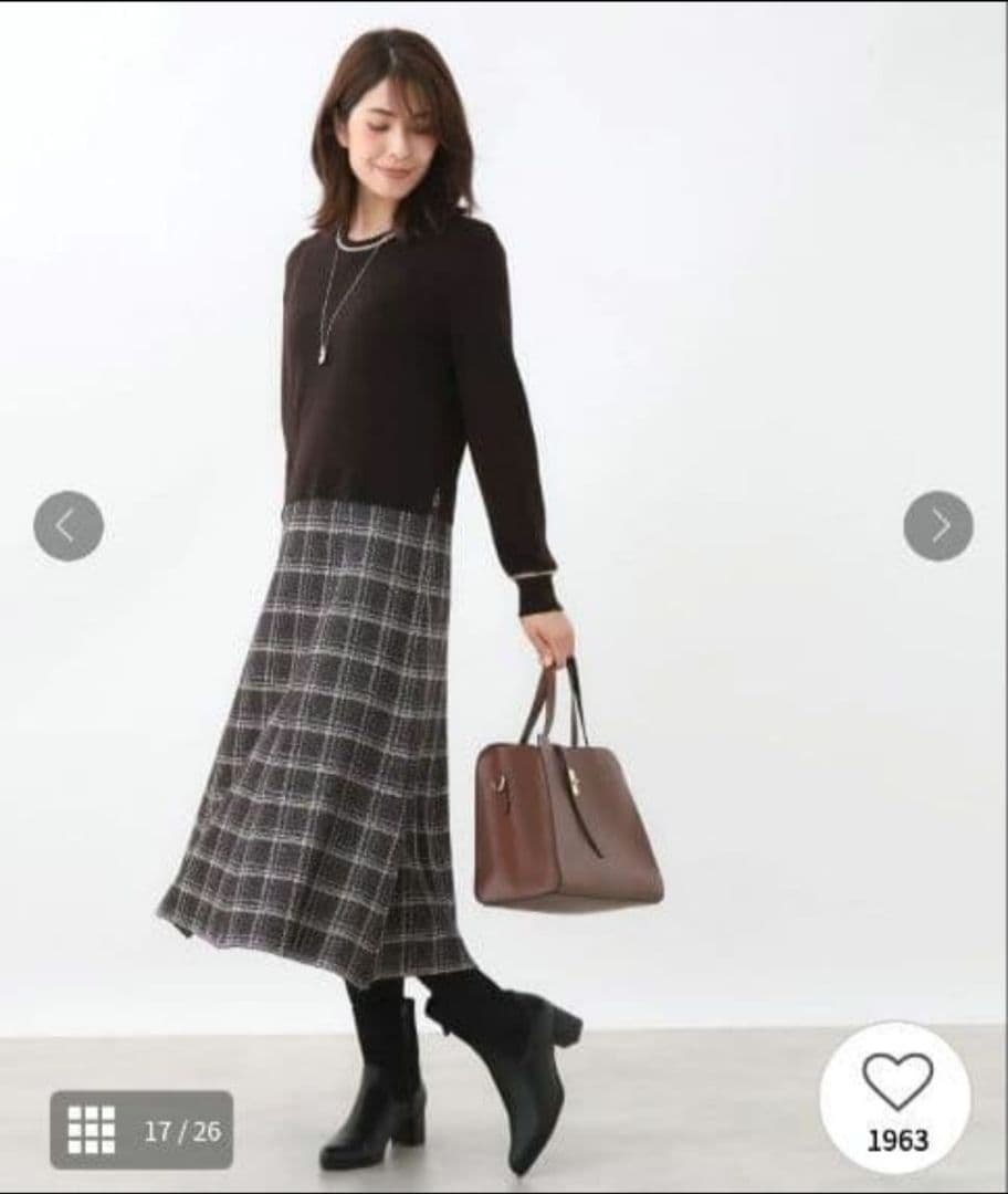 リフレクト【コートインでもすっきり◎】チェック柄ニットドッキングワンピース 黒