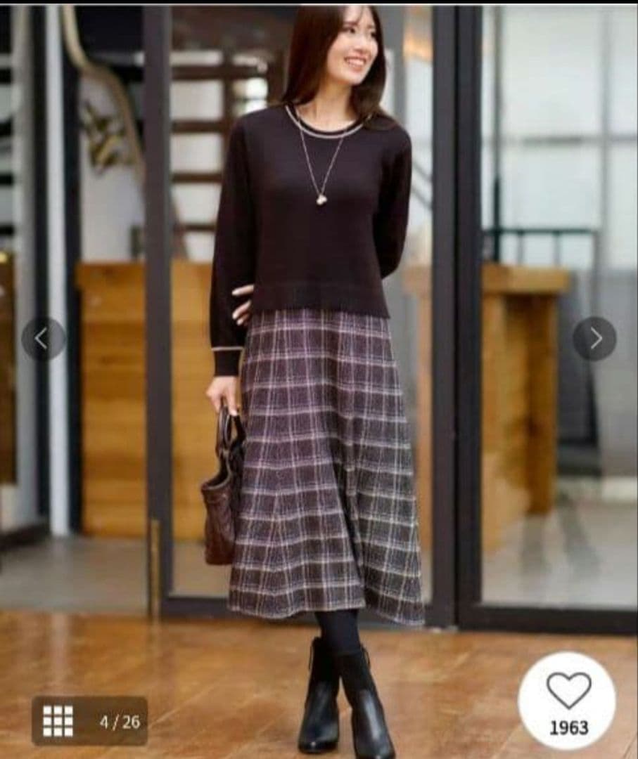 リフレクト【コートインでもすっきり◎】チェック柄ニットドッキングワンピース 黒