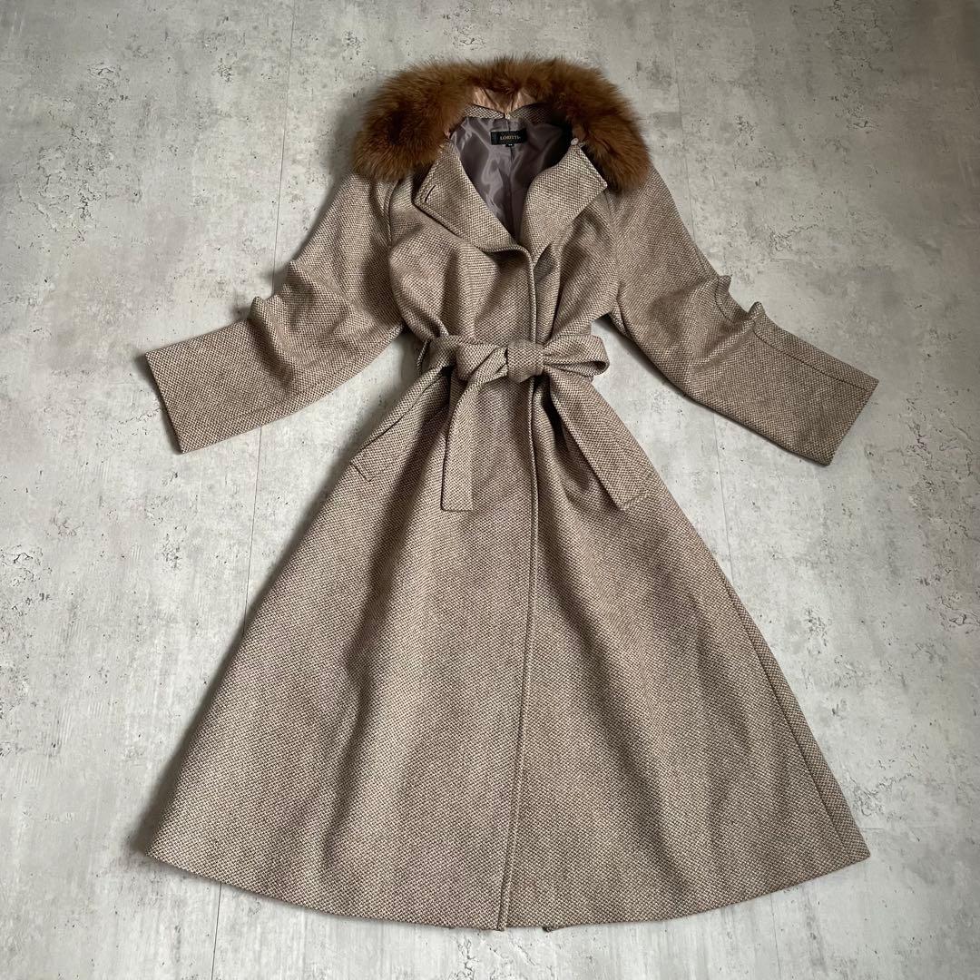 ロングコート　カシミヤ100% フォックスファー　ベルト付き　モード　カジュアル