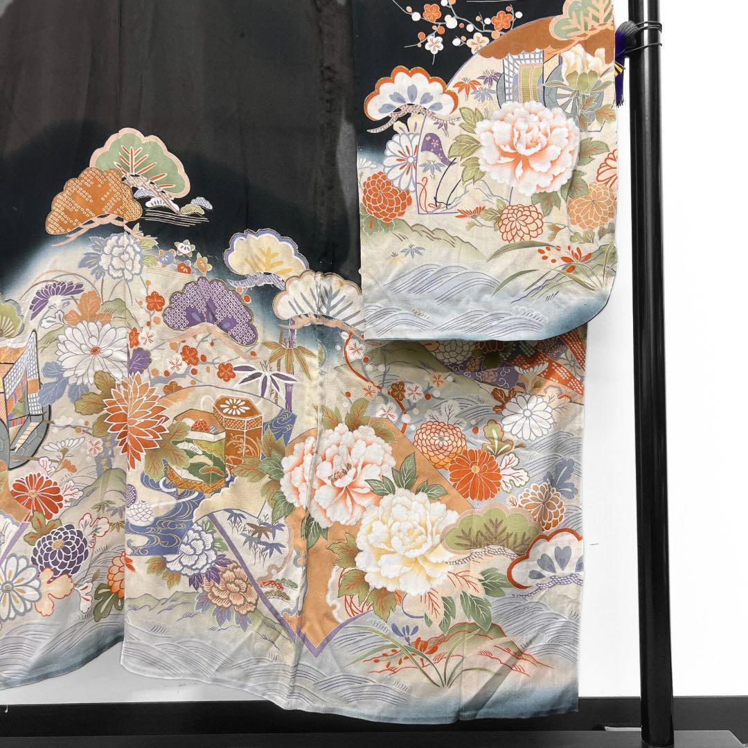 振袖　アンティーク　単衣　貝桶　御所車　花模様　着物　024w