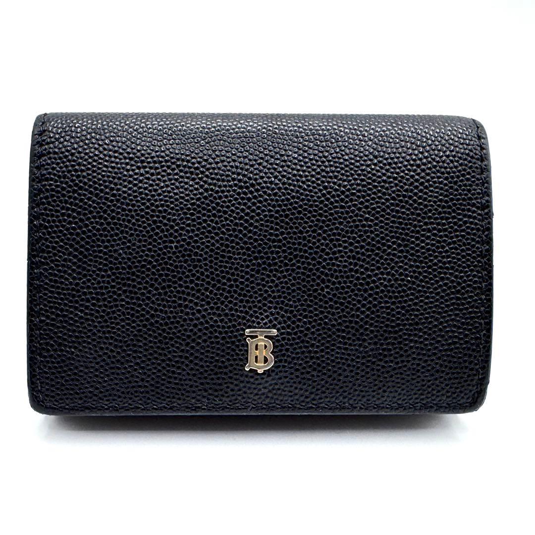 美品✨バーバリー　三つ折り財布　TBロゴ　キャビアスキン　レザー　ブラック