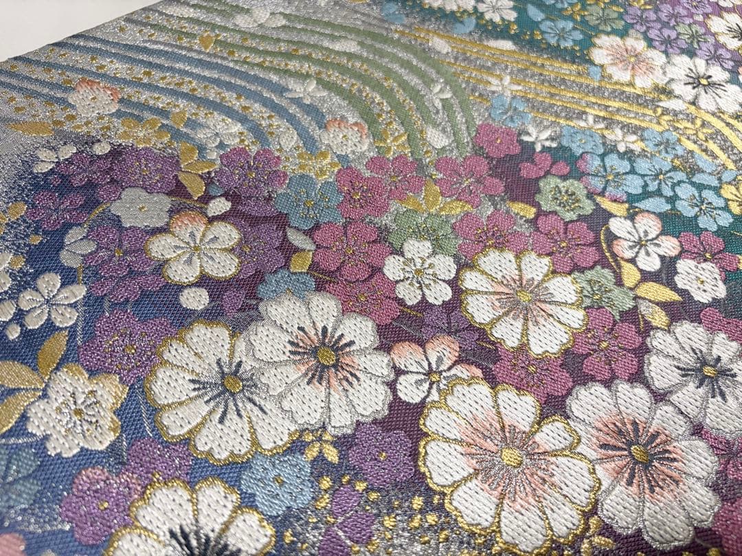 Cやまと誂製 撫子 桜 花々尽くし 金銀糸 銀通し 正絹 六通 袋帯 フォーマル