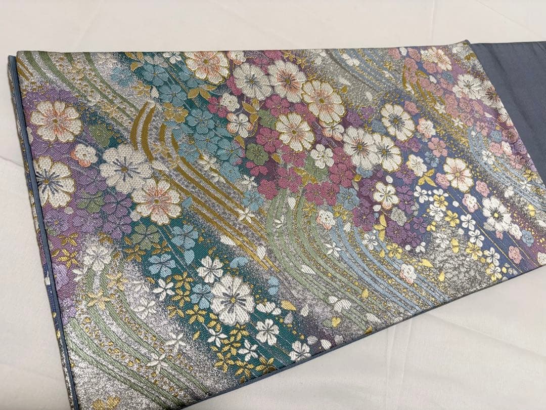 Cやまと誂製 撫子 桜 花々尽くし 金銀糸 銀通し 正絹 六通 袋帯 フォーマル