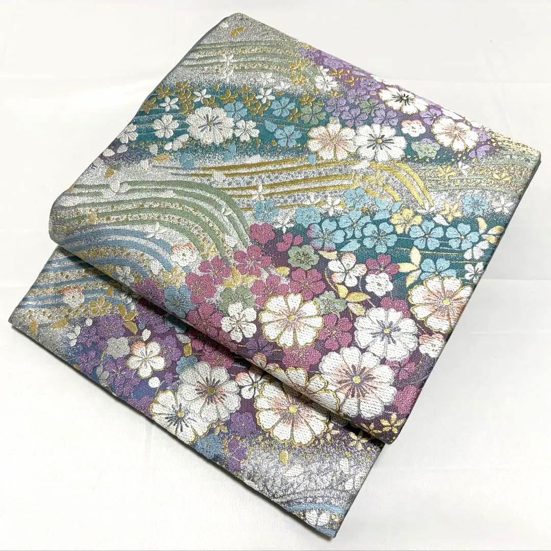 Cやまと誂製 撫子 桜 花々尽くし 金銀糸 銀通し 正絹 六通 袋帯 フォーマル