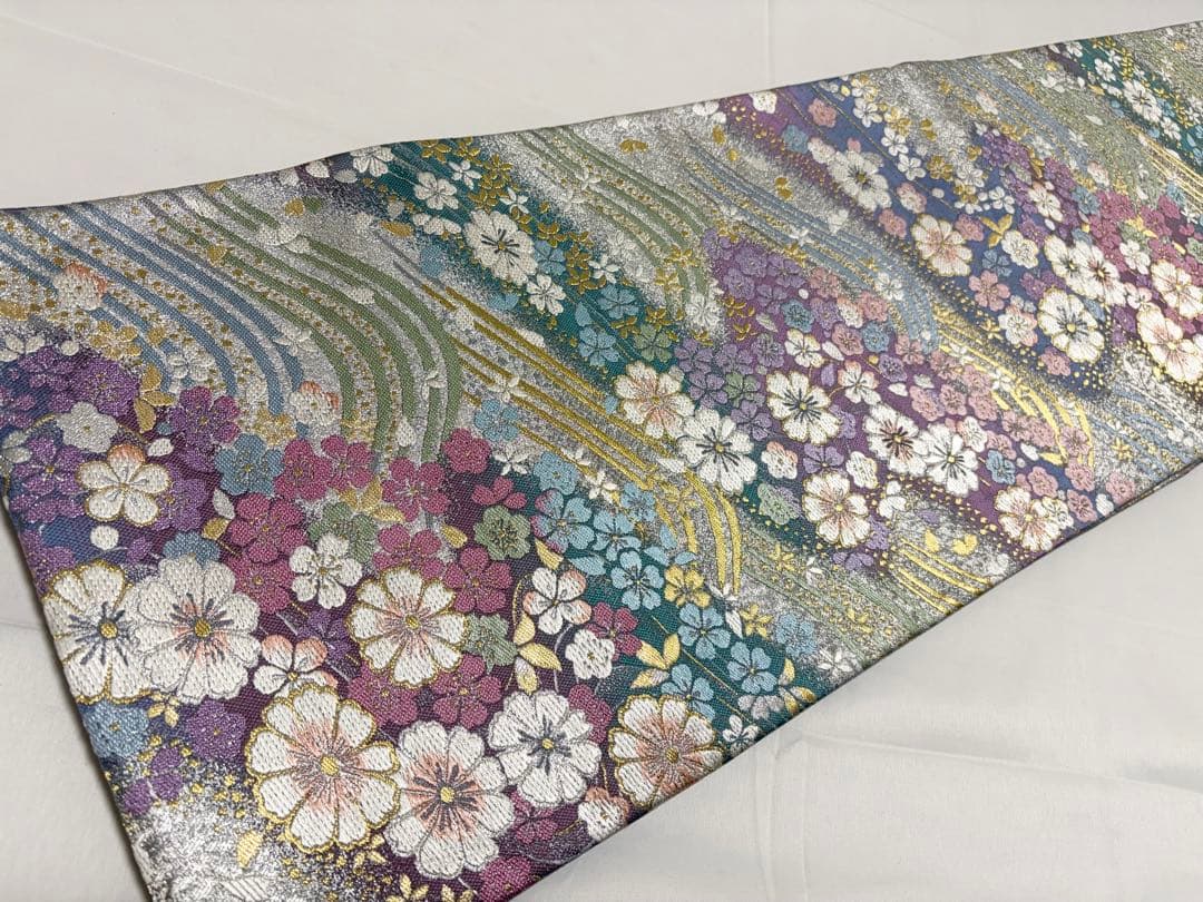 Cやまと誂製 撫子 桜 花々尽くし 金銀糸 銀通し 正絹 六通 袋帯 フォーマル