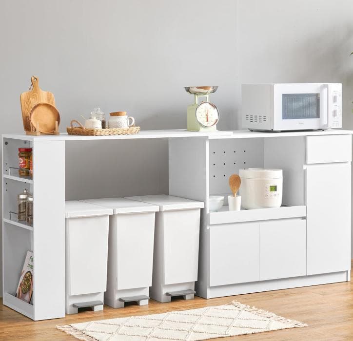 【訳あり・新品】伸縮キッチンカウンター 収納棚 キャビネット 幅104〜178