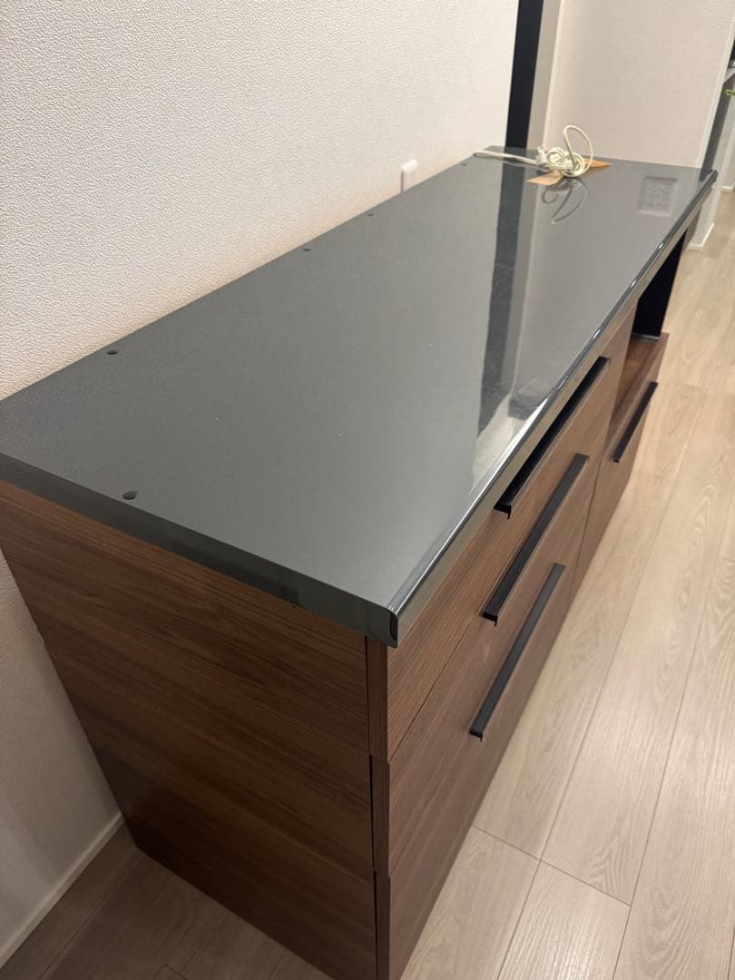 【パモウナ】モダン木製食器棚 引き出し付き　140センチ