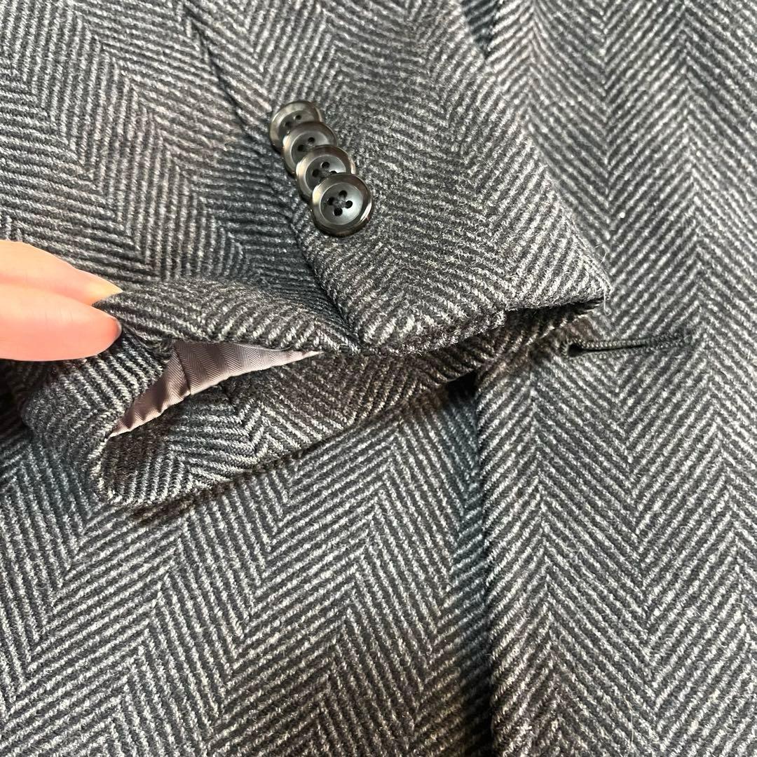 美品　麻布テーラー　カシミヤ混　ダブルチェスターコート　ヘリンボーン柄