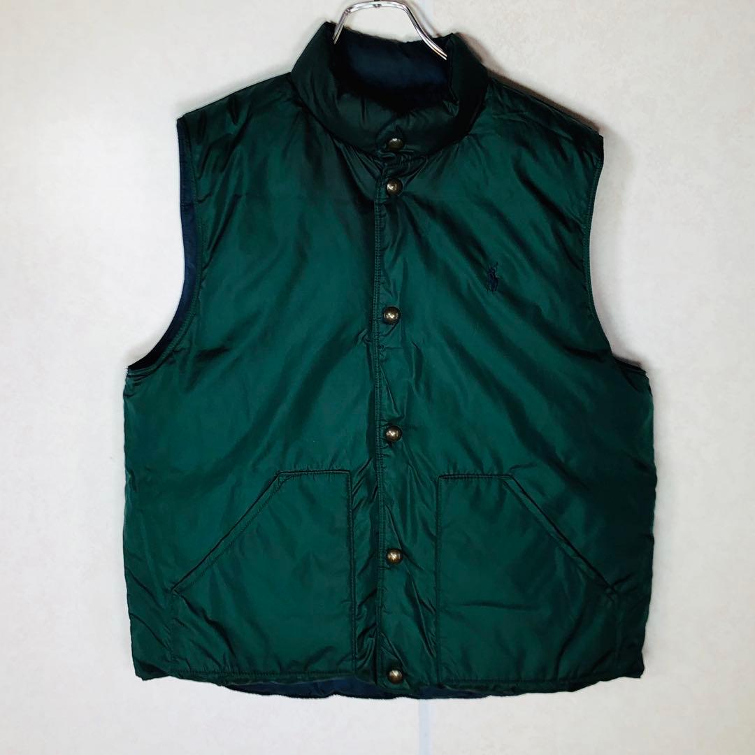 【人気リバーシブルダウン】ラルフローレン ダウンベスト 刺繍ロゴ ネイビー 緑紺