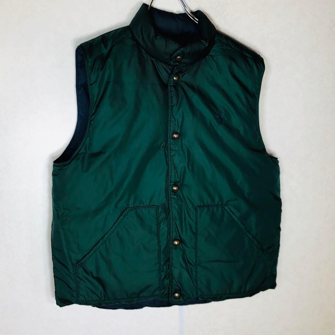 【人気リバーシブルダウン】ラルフローレン ダウンベスト 刺繍ロゴ ネイビー 緑紺