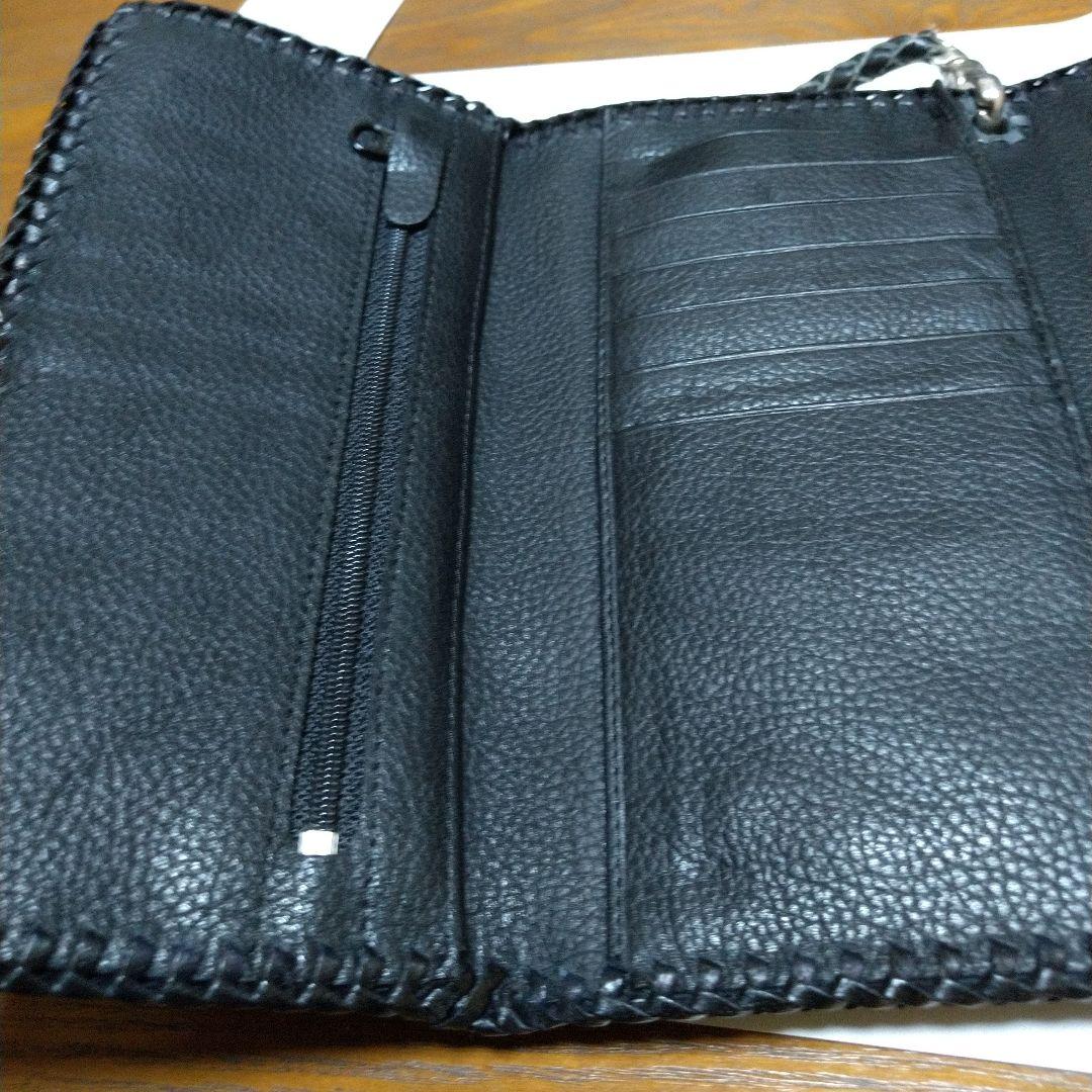 レザー 三つ折り財布 クロスモチーフ ブラックエイ皮ステイングレイです