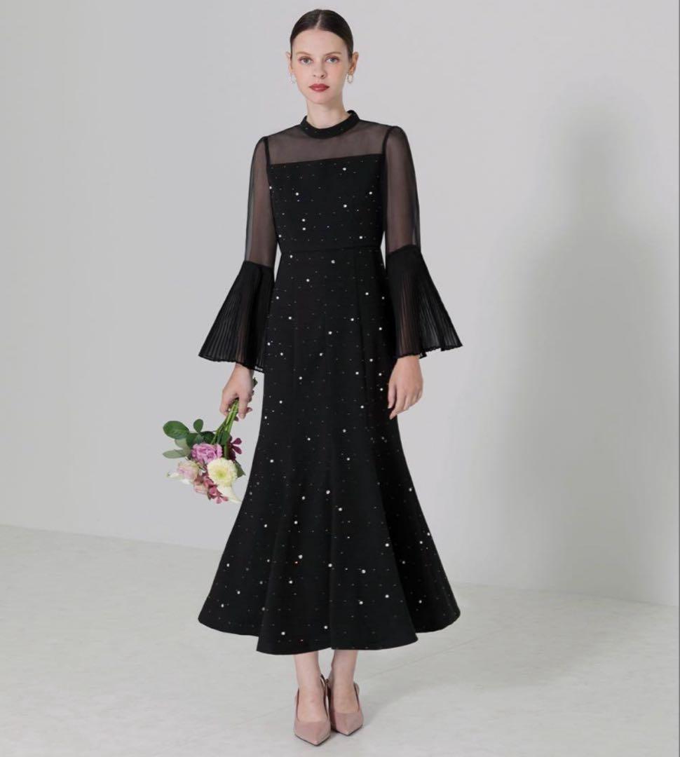 LEJA パールビジュープリーツフレアスリーブマーメイドワンピースドレス