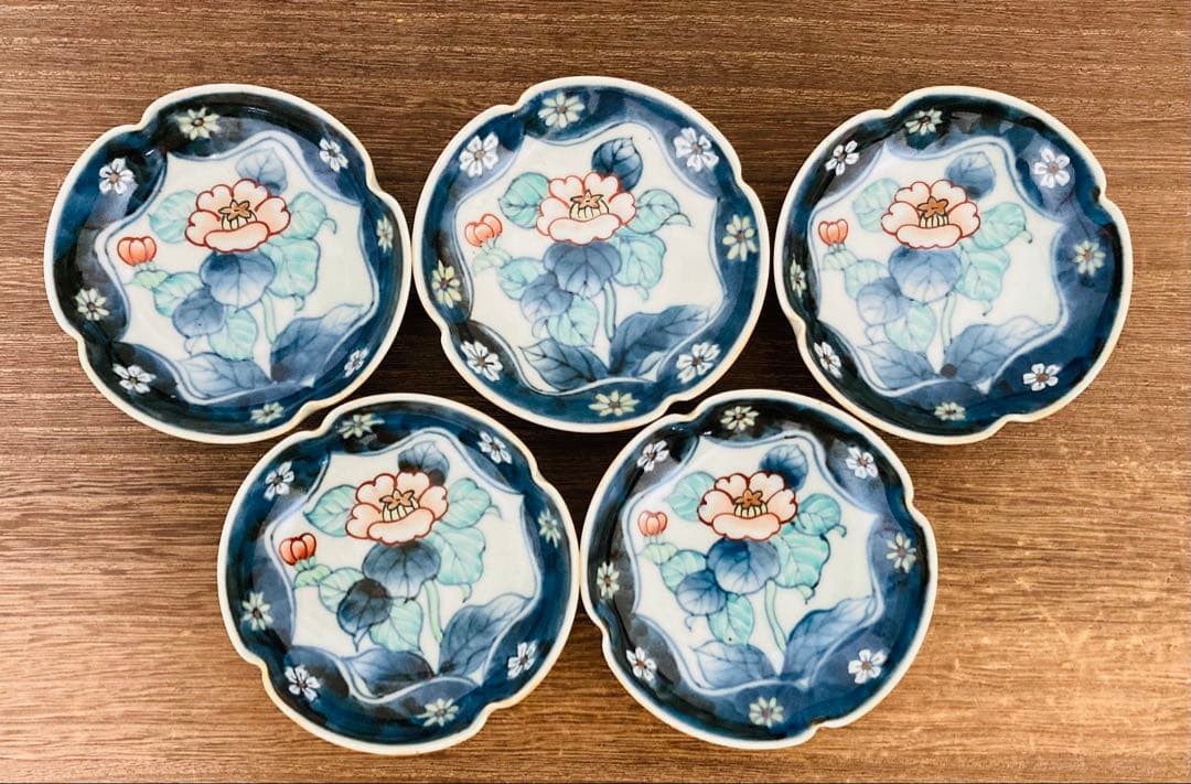 佐藤走波（六代）染錦　椿文　三寸皿　小皿5枚