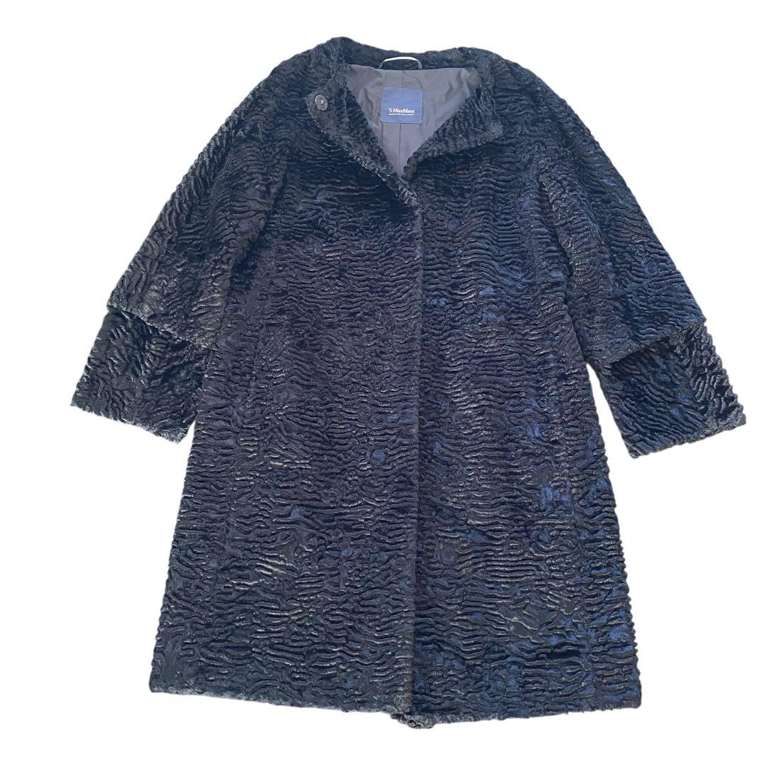 極美品　‘S MaxMara ベロア　ノーカラー　ロングコート　ブラック
