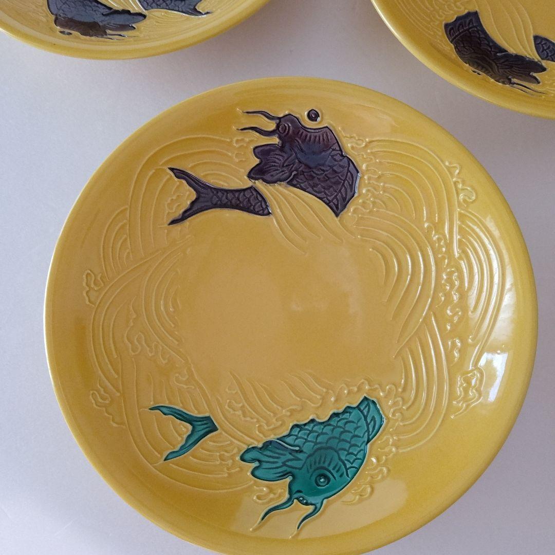 京焼　松谷窯　三代目　叶松谷　黄交ち荒磯　皿　五客組