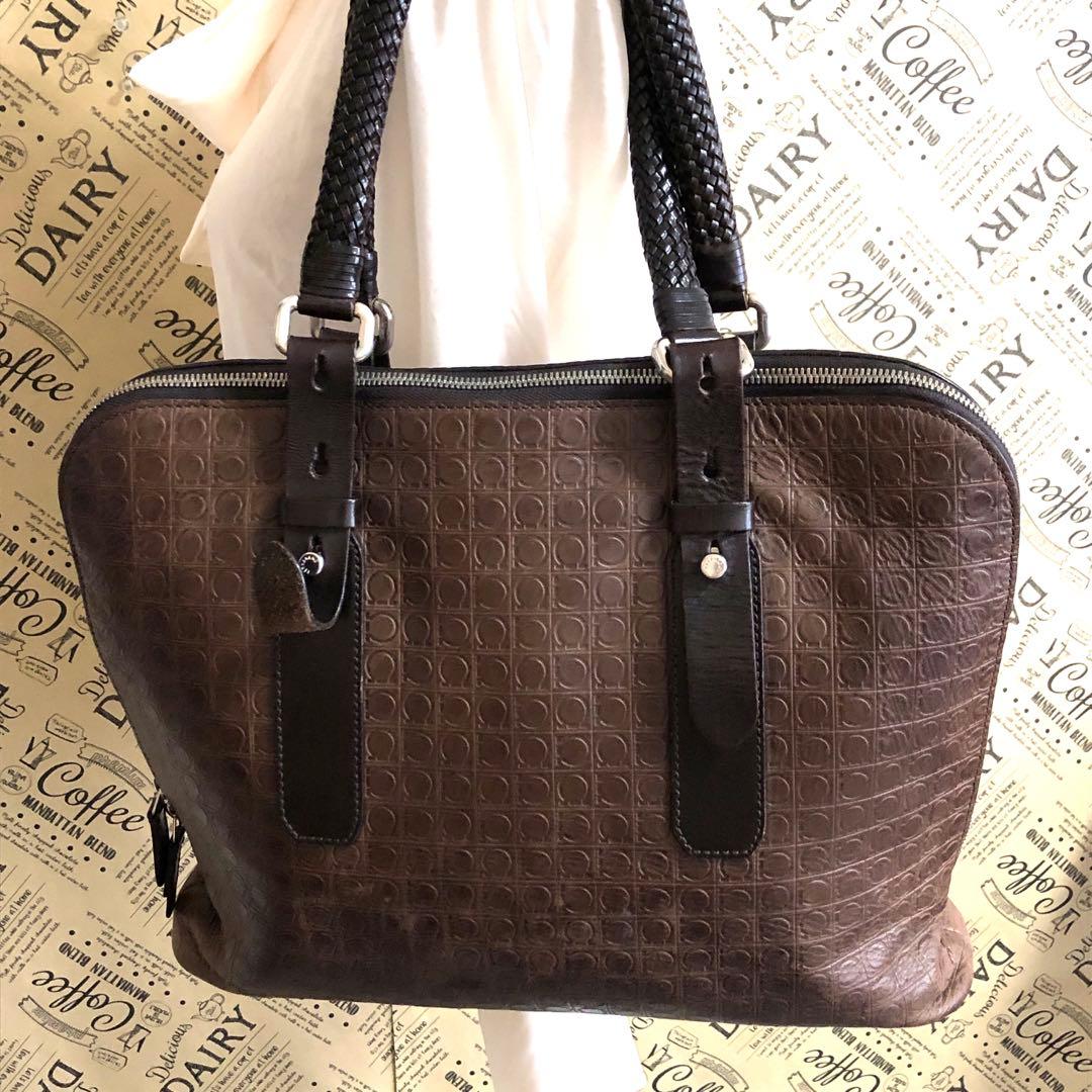 フェラガモ トート ビジネスバッグ ガンチーニ 革 茶ブリーフケース FQ224