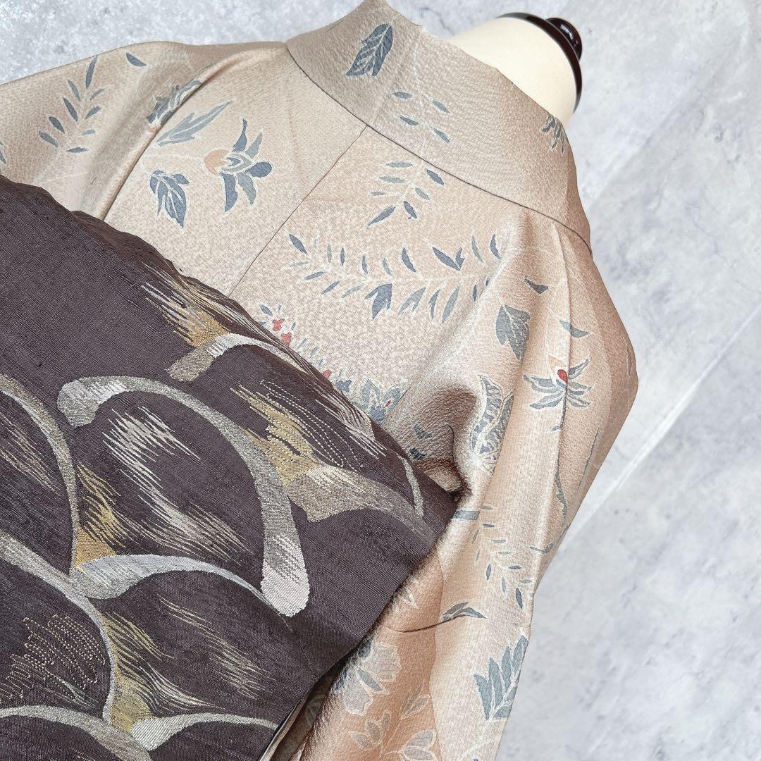 小紋　フルセット　着物　正絹　ベージュ　更紗模様　m2