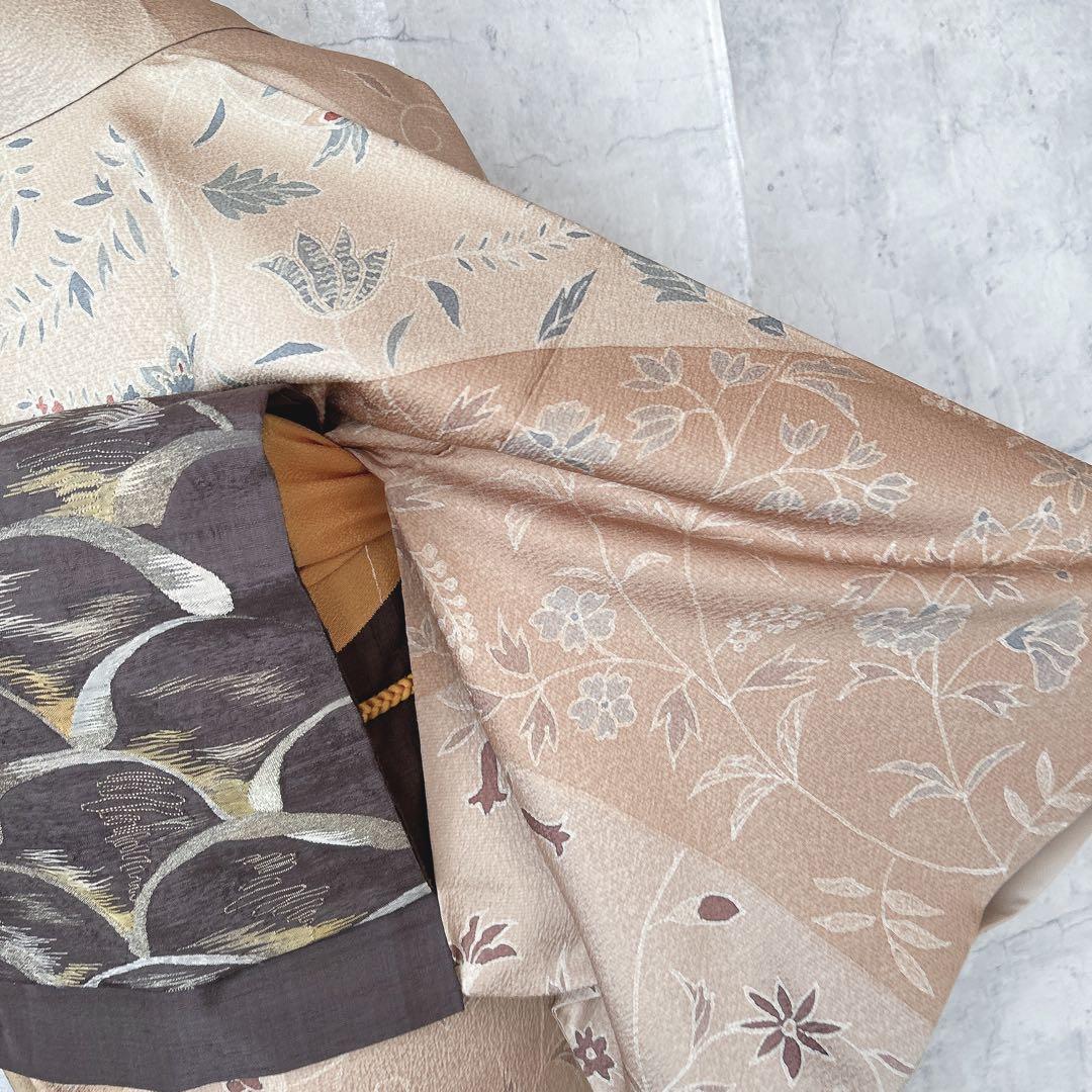 小紋　フルセット　着物　正絹　ベージュ　更紗模様　m2