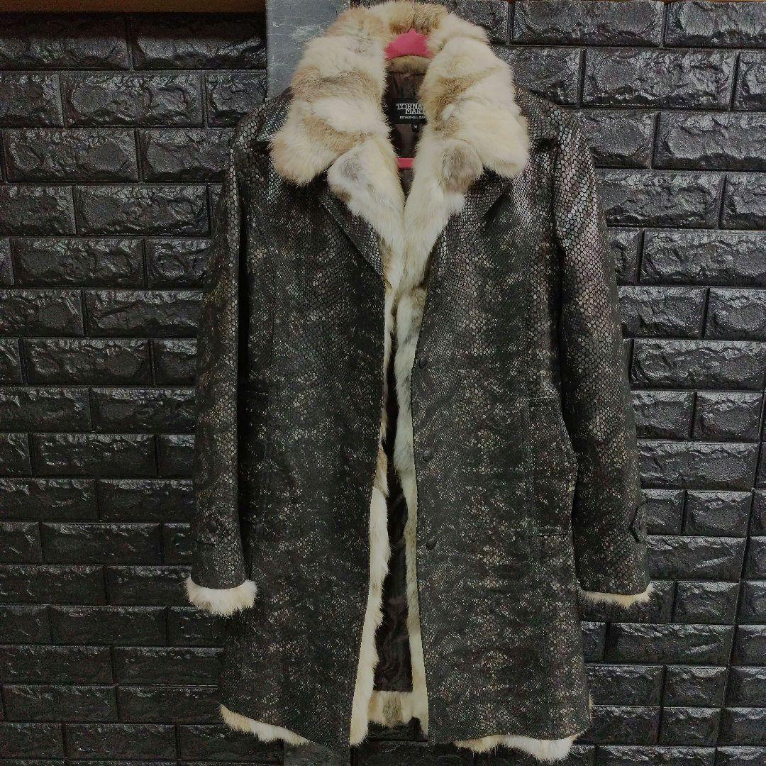 タケシ未使用品トルネードマートラビットファー黒パイソン柄レザー豚革コート