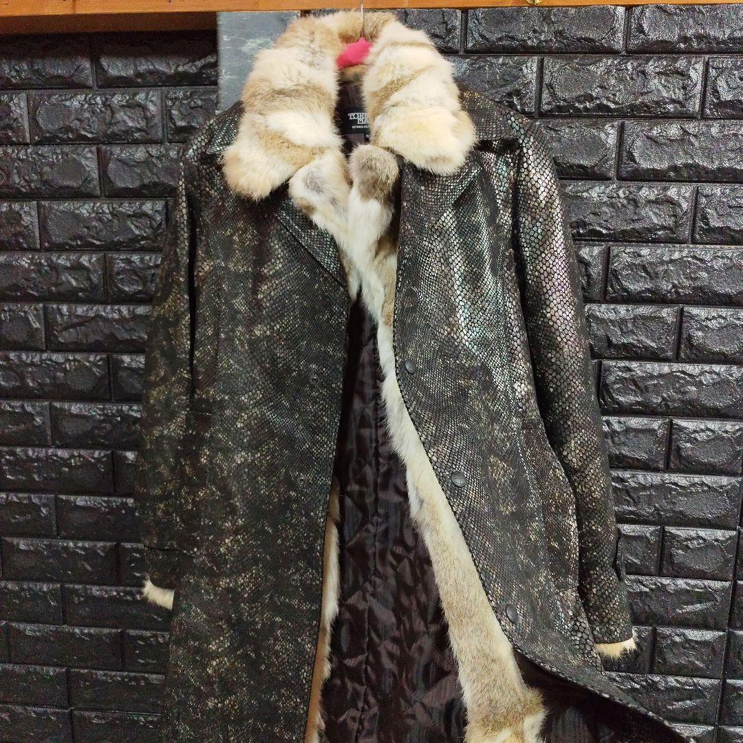 タケシ未使用品トルネードマートラビットファー黒パイソン柄レザー豚革コート