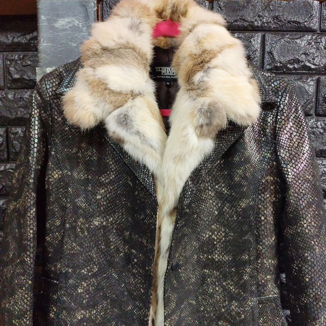 タケシ未使用品トルネードマートラビットファー黒パイソン柄レザー豚革コート