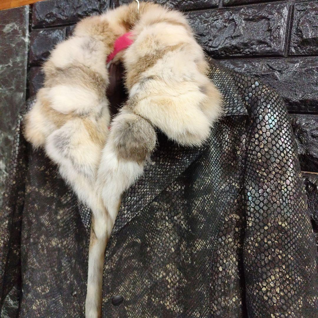 タケシ未使用品トルネードマートラビットファー黒パイソン柄レザー豚革コート