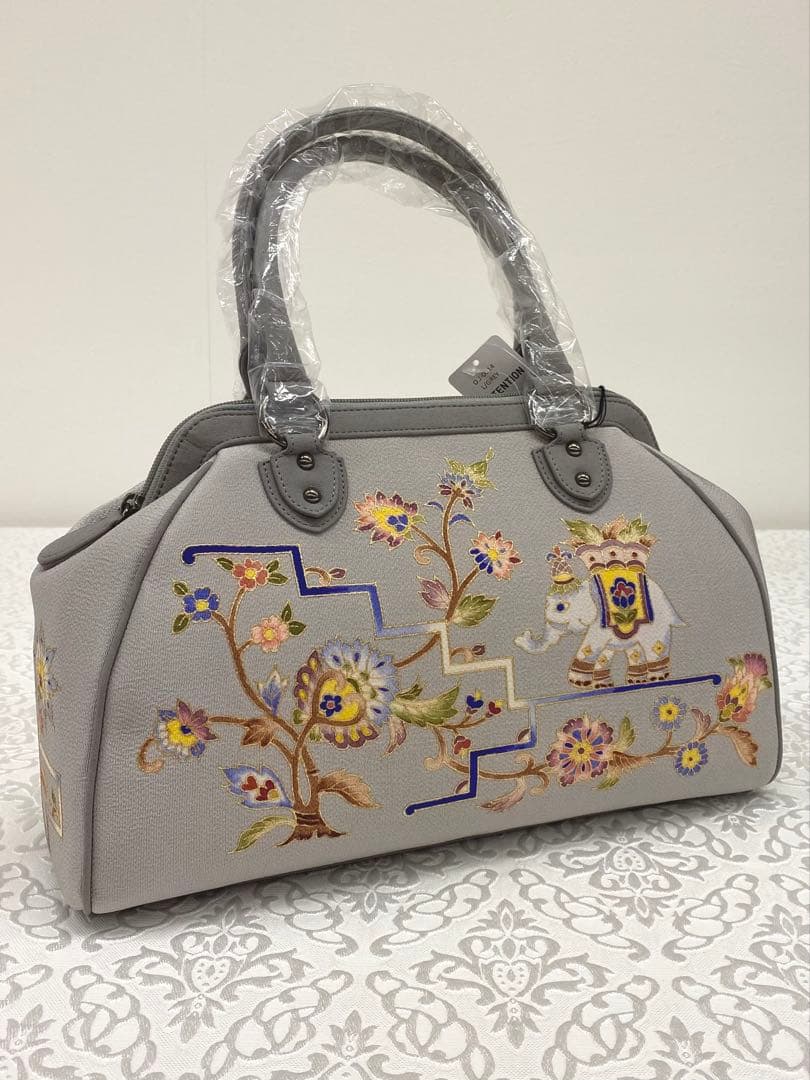 岡重謹製 未使用品 OKAJIMA バッグ 京友禅 金彩 象 唐花 正絹