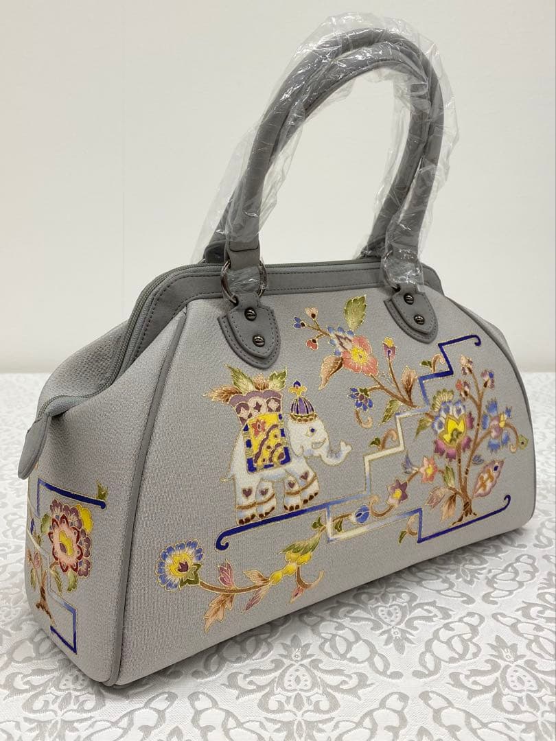 岡重謹製 未使用品 OKAJIMA バッグ 京友禅 金彩 象 唐花 正絹