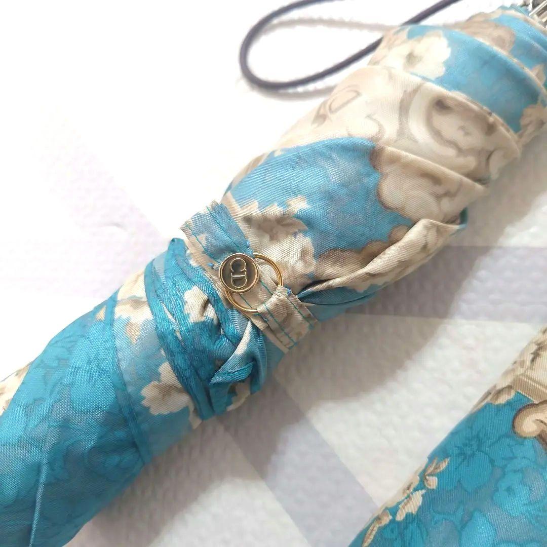 【美品】ChristianDior　3段折り傘　折りたたみ傘　雨傘　ブルー　花柄