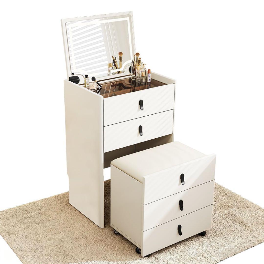 【セール】新品ドレッサー おしゃれ LEDミラー付き・ブラウン強化ガラス天板