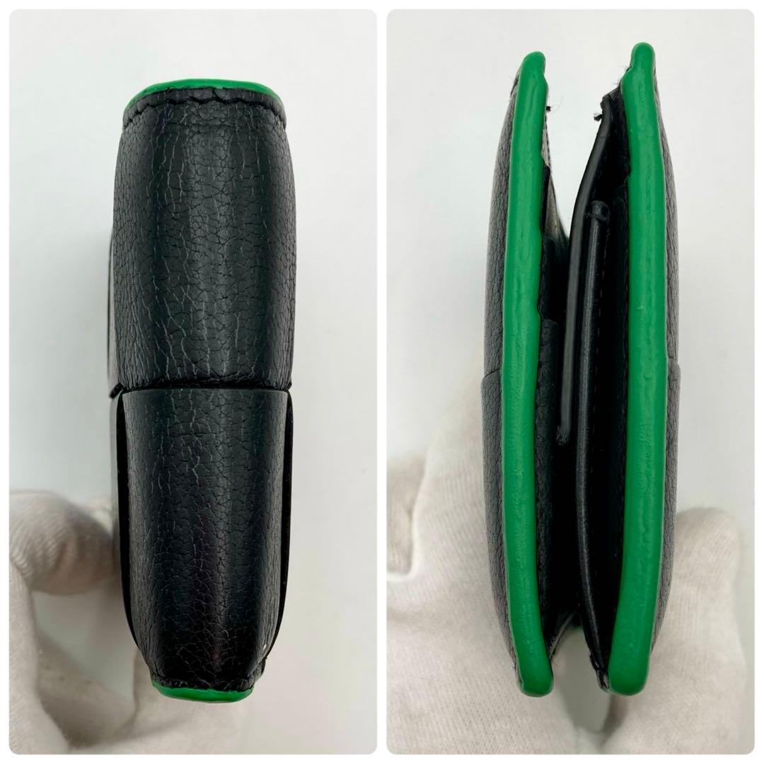 廃人✨ボッテガヴェネタ カセット 二つ折り財布 レザー 黒×緑 小銭入れ有