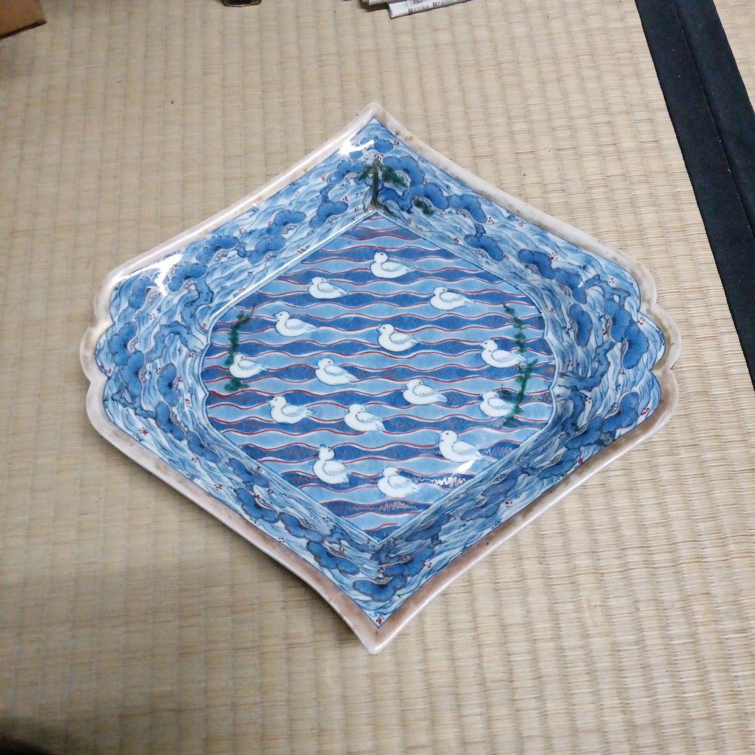 古伊万里　色絵染付　珍品　五葉松縁　波千鳥文　擬宝珠型皿　変形皿　尺皿　江戸後期