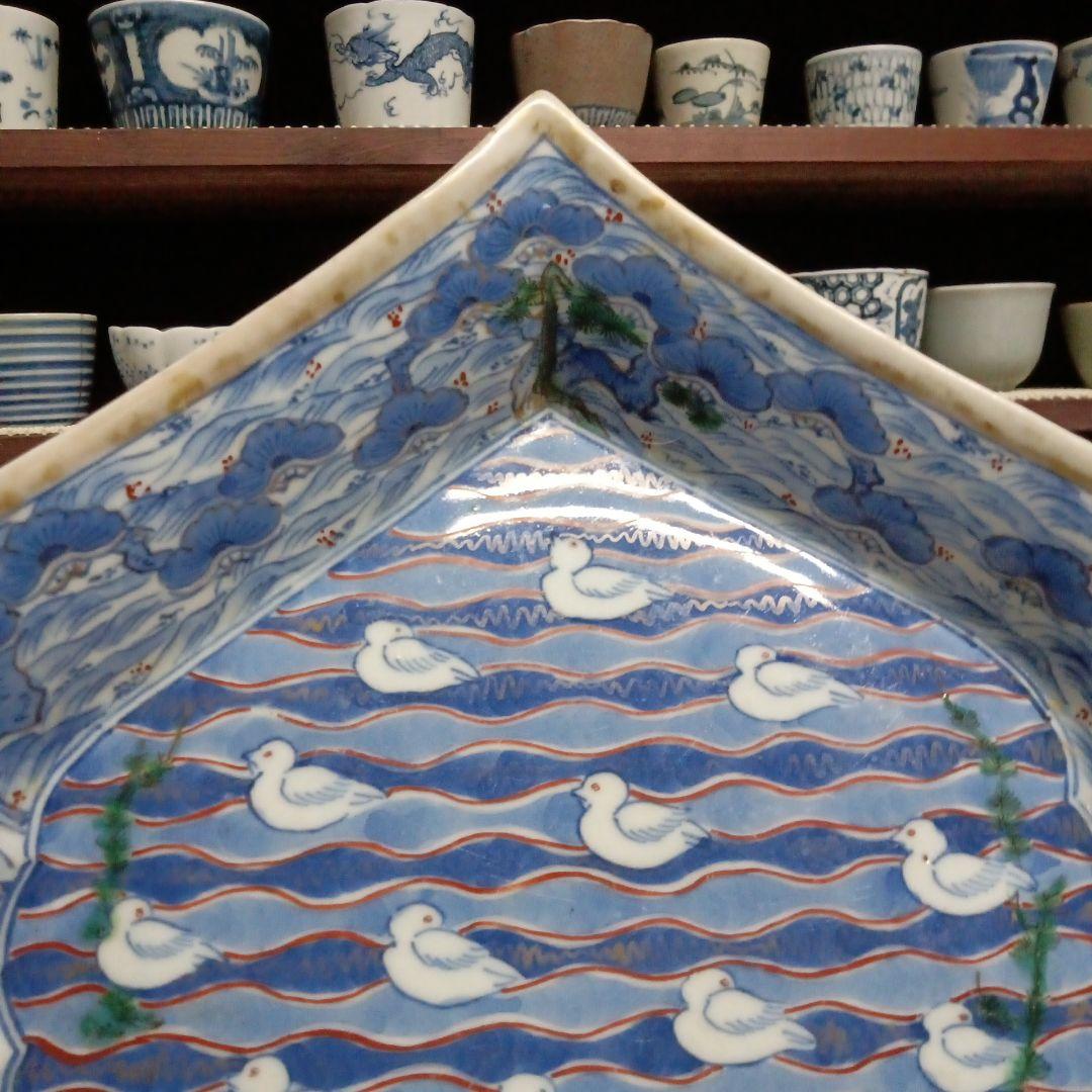 古伊万里　色絵染付　珍品　五葉松縁　波千鳥文　擬宝珠型皿　変形皿　尺皿　江戸後期